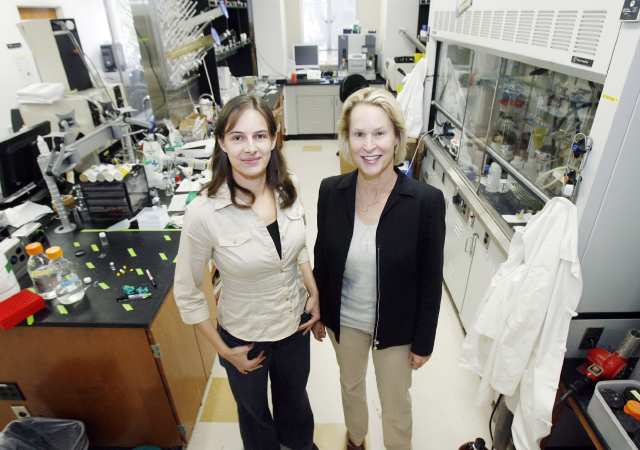 Frances Arnold, a researcher and professor of chemical engineering and biochemistry at the California Institute of Technology, in Pasadena, with lab manager Sabine Bastian, in one of the chemistry labs on Monday, March 8, 2011. Arnold is the winner of the 2011 Draper Prize for her pioneering work on directed evolution. (Tim Berger/Staff Photographer)